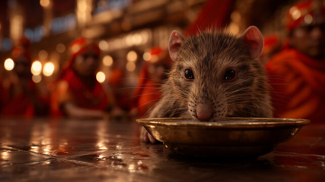 Brown rat drinking from a metal bowl, surrounded by devotees in orange robes during Karni Mata Festival