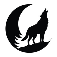 Black silhouette of a wolf howling at a crescent moon on a white background animal