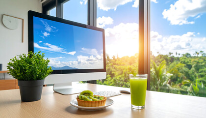 Bright Workspace with Kiwi Tart, Green Juice, and Scenic View on Computer Screen