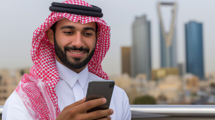 Young man enjoying technology against a city skyline in Riyadh, Saudi Arabia