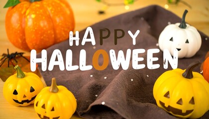 Halloween decorations on a table featuring pumpkins and typography creating a festive mood