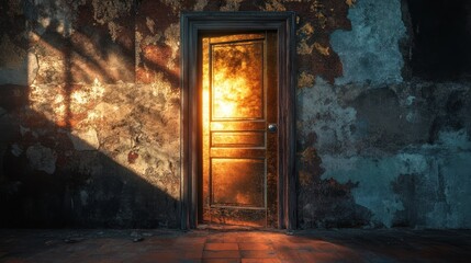 Obraz premium Glowing door in a decaying building, sunlight streams through.