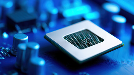 Close-up view of a computer processor on a motherboard with blue light effects