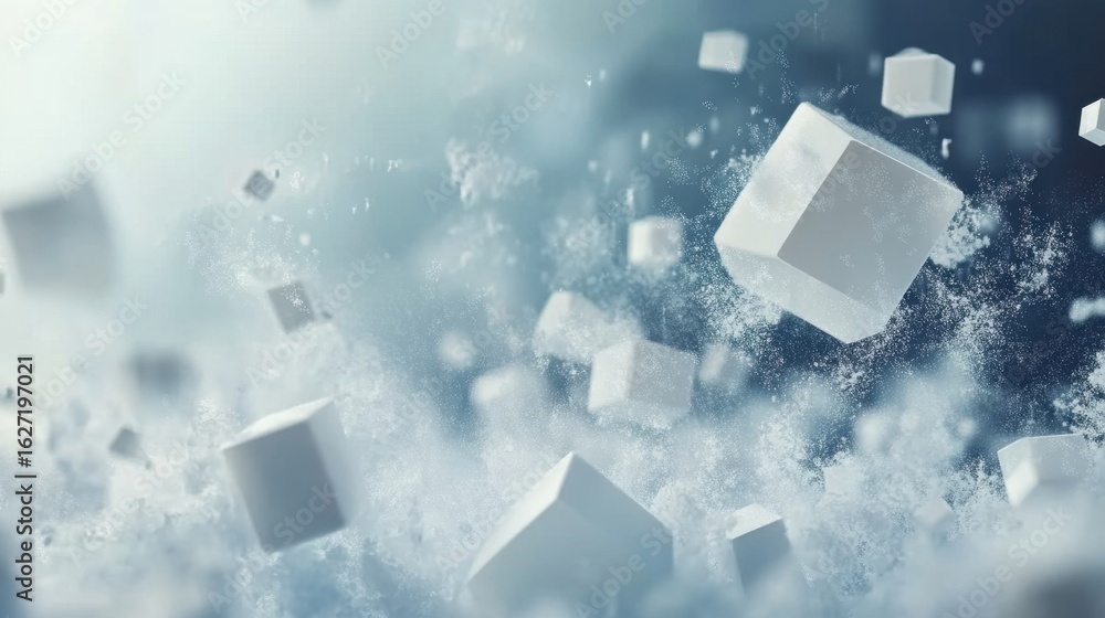 Poster white cubes exploding in frozen mist.