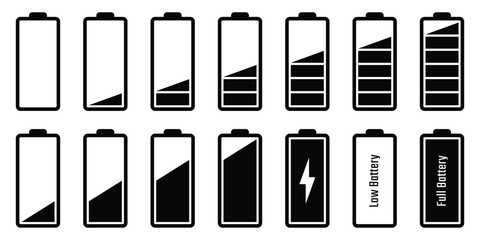 Battery icons. Full, low, and empty battery status. Set battery power from low to full charging. Warning battery status. Vector illustration. EPS 10