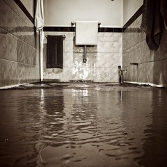 A Flooded Bathroom Catastrophe A Somber Monochrome Scene of Overflowing Water Damage in a Tiled Interior Displaying Toilet Fixtures Towels and Reflections Evoking Themes of Neglect and Repair