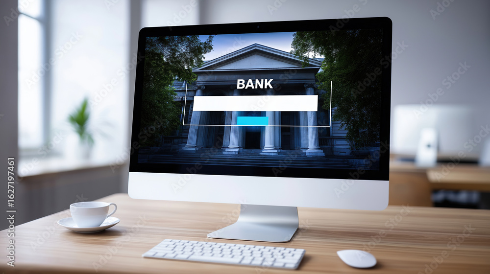 Aufkleber computer screen displaying a bank login page with a modern office setting