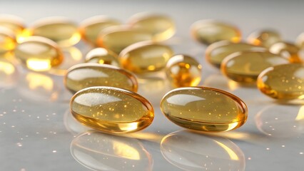 Golden Softgel Capsules With Omega Fish Oil Or Vitamin Supplements On Shiny Surface For Health Wellness And Nutritional Support


