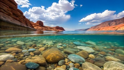 Obraz premium Stunning Clear Lake Water With Colorful Pebbles And Red Rock Canyon Landscape Under Blue Sky And White Clouds In Natural Scenery