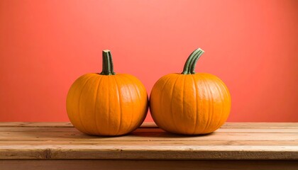 Rustic wooden table with two firefly orange pumpkins creating a cozy autumn and halloween scene