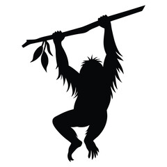 Black silhouette of an orangutan hanging from a branch with leaves tree © Crea Vector Designer