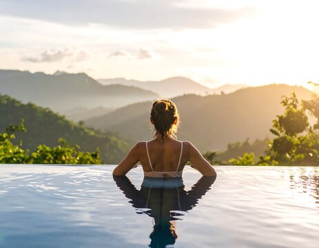 Woman in pool, mountain view sunset