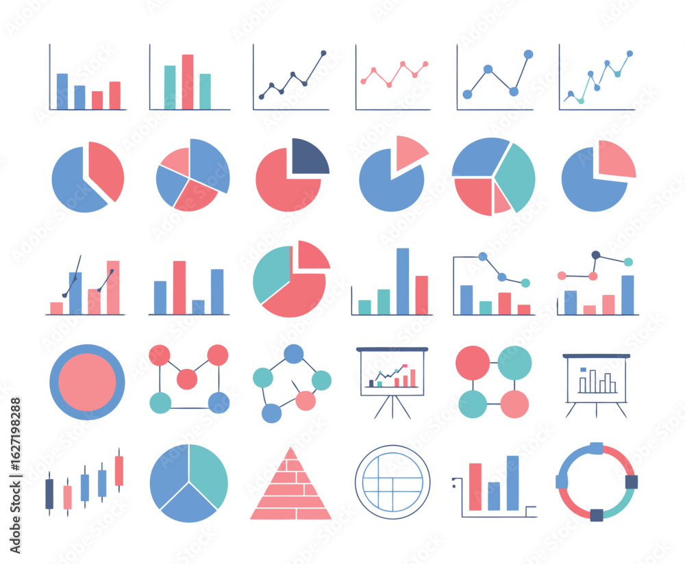 Poster diverse collection of flat design charts and graphs analytics data