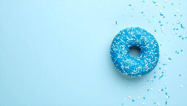 Sprinkled Blue Donut. Glazed Sprinkled Donut On Light Blue Background. Top View, Copy Space.