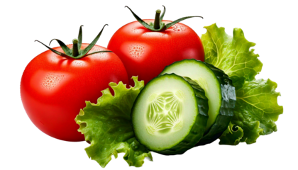 Fresh tomatoes, crisp cucumbers, and leafy lettuce are displayed against a clean transparent.png