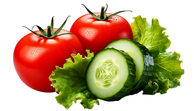 Fresh tomatoes, crisp cucumbers, and leafy lettuce are displayed against a clean transparent.png