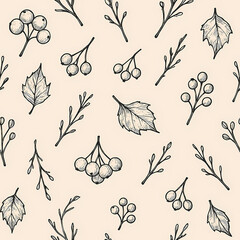 Naklejka premium A hand-drawn seamless pattern featuring sketched autumn leaves, rowan berries, and bare twigs on a light background.