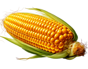 Fresh, golden corn on the cob showcases bright yellow kernels and vibrant green husks agains