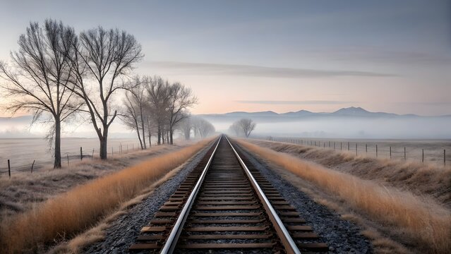 Railway Tracks Leading Into Misty Horizon With Bare Trees And Mountains For Peaceful Travel And Serene Countryside Landscape Scene

 - Powered by Adobe
