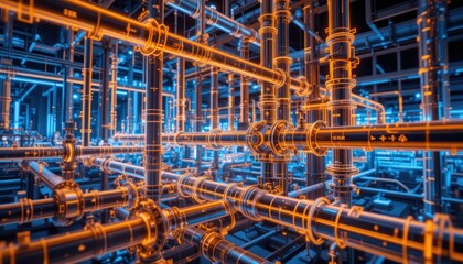 Intricate Network: A mesmerizing digital rendering of an industrial pipe system, glowing with vibrant orange and blue hues.