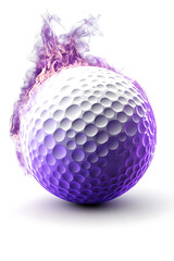 A vibrant purple golf ball engulfed in flames, set against a clean white background