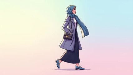 Cartoon hijabi woman walking gracefully with flowing scarf, suitable for animation video