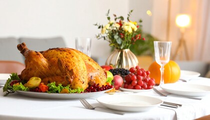 Thanksgiving dinner table with a perfectly roasted turkey surrounded by festive decorations and sides