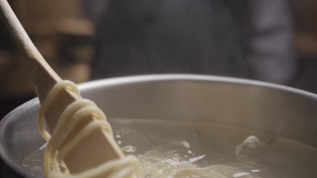 Close-up view of hands of chef stirs the pasta in the pan with boiling water. Preparing Asian udon noodles in a saucepan.