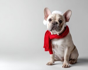 A cute French Bulldog wearing a Santa hat and red scarf, embodying festive cheer and holiday spirit against a minimalist background.