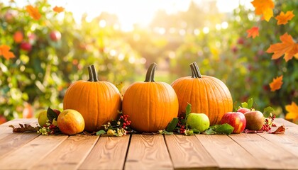 Trio of brightly colored pumpkins on a wooden table surrounded by autumn leaves and fruits