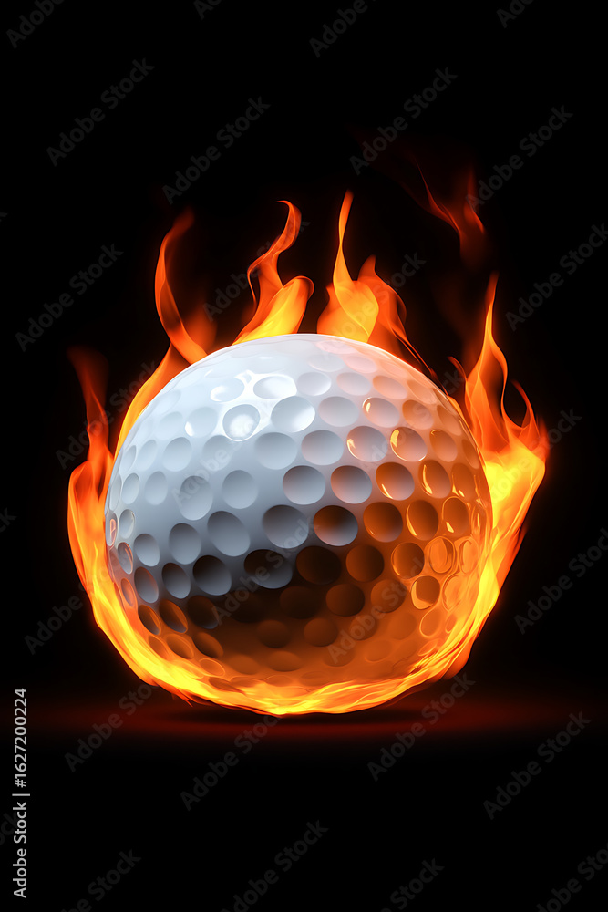 Poster a golf ball engulfed in flames, creating a dynamic visual effect against a dark backdrop