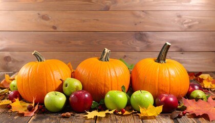 A single pumpkin nestled among fresh apples on a wooden table surrounded by autumn leaves