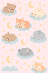 A dreamy pattern of cute baby animals like bears, foxes, rabbits, and elephants sleeping on clouds.