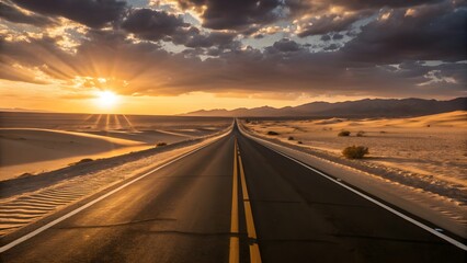 Fototapeta premium Straight Asphalt Road Through Desert Landscape Leading To Horizon At Golden Sunset With Dramatic Sky And Scenic Travel Destination