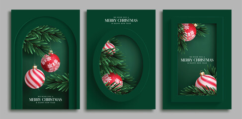 Merry Christmas card clipart poster set. Christmas and Happy New Year greeting clip art with hanging xmas balls and pine tree paper cut decoration elements for green template collection vector 