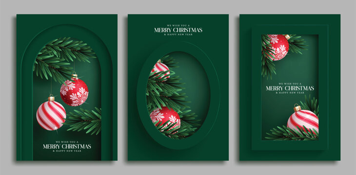 Merry Christmas card clipart poster set. Christmas and Happy New Year greeting clip art with hanging xmas balls and pine tree paper cut decoration elements for green template collection vector 