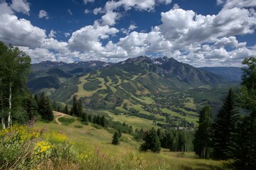 Fototapeta premium Serene Mountain Vista Under Summer Skies