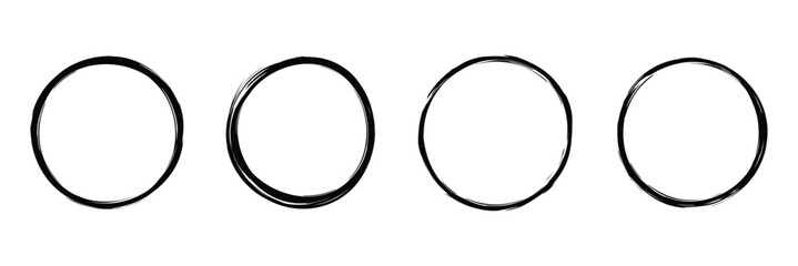 Brush drawn ellipses, ovals and circle for highlight text. Hand drawn marker emphasis elements. Black Hand drawn marker, Four outline shapes including circles and ovals.