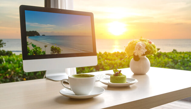 Serene Workspace: Matcha Tea, Green Cake, Beach View, and Sunset Glow