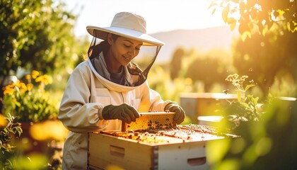 A smiling beekeeper inspecting a honeycomb frame, bathed in sunlight, working outdoors.