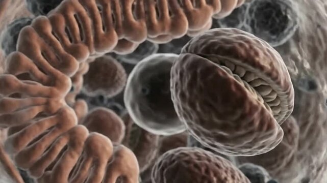 A microscopic view showcases cellular structures with a prominent bilobed celllike form in the foreground