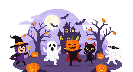 Halloween Night Cartoon Characters with Haunted House