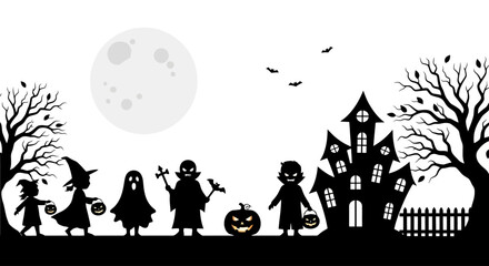 Fototapeta premium Halloween Night Out: Silhouettes of Trick-or-Treaters