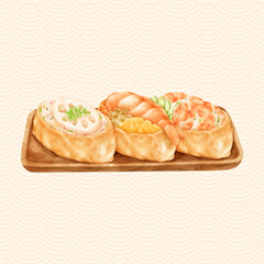 Watercolor hand painting illustration of japanese food inarizushi