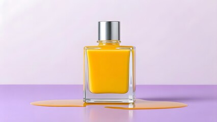 Square Glass Perfume Bottle With Spilled Yellow Liquid On Purple Surface Against Soft Pink Background In Minimalist Beauty Concept

