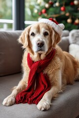 A festive golden retriever adorned with a Santa hat and red scarf, bringing holiday cheer and warmth to the cozy living room.