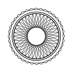 black and white vector illustration of a geometric mandala design. symmetrical patterns within a circular frame, characteristic of a radial motif.