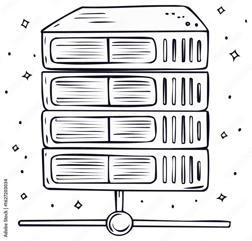 Poster doodle style illustration of a sparkling network server rack for data center and web hosting