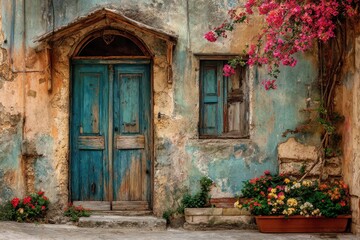 Aged Doorway and Window with Flowers in Mediterranean Location. Travel Imagery