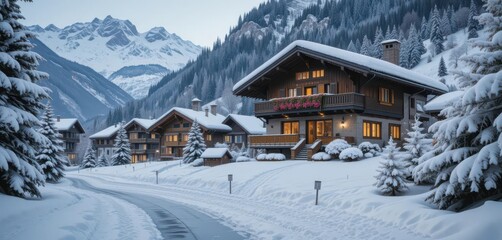 Fototapeta premium Swiss Chalet Winter A Warm and Inviting Scene of a Snow Covered Village in the Alps